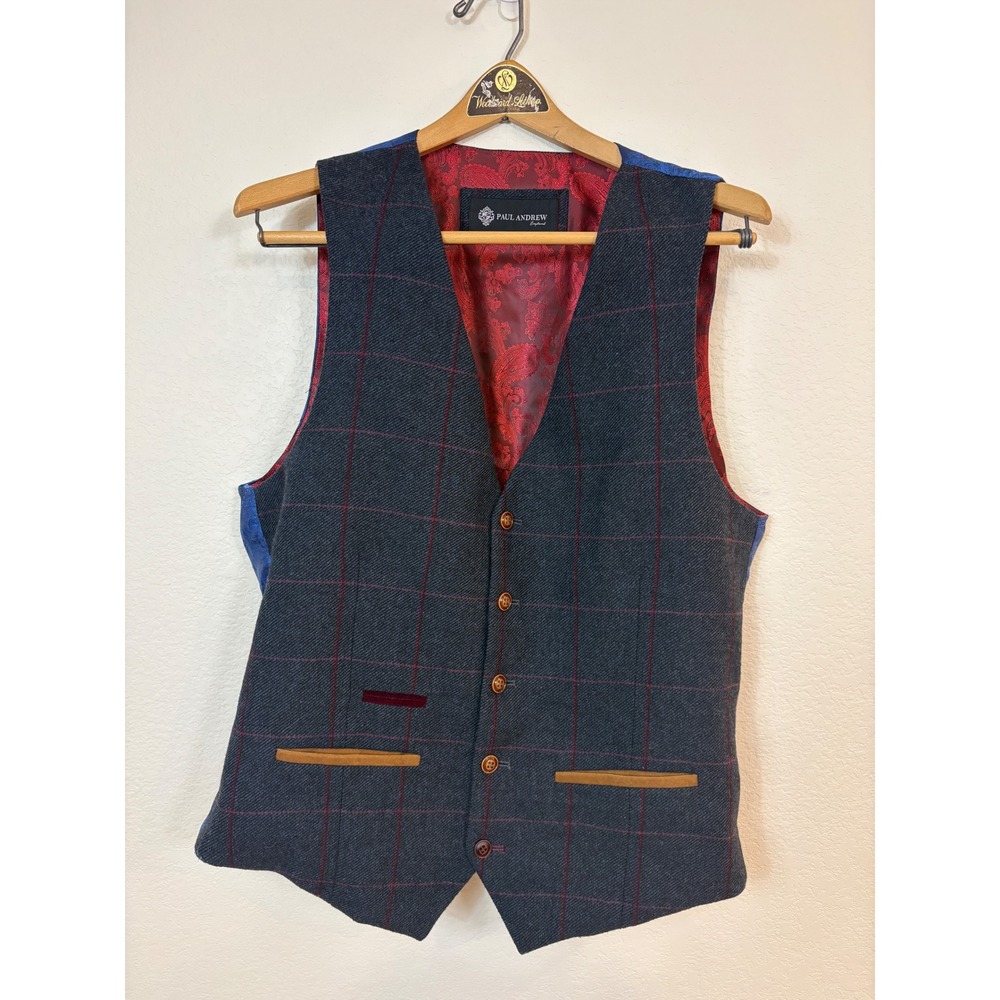 Paul Andrew Waistcoat Vest Mens 44R Navy Heritage Plaid Madrid Preppy wedding